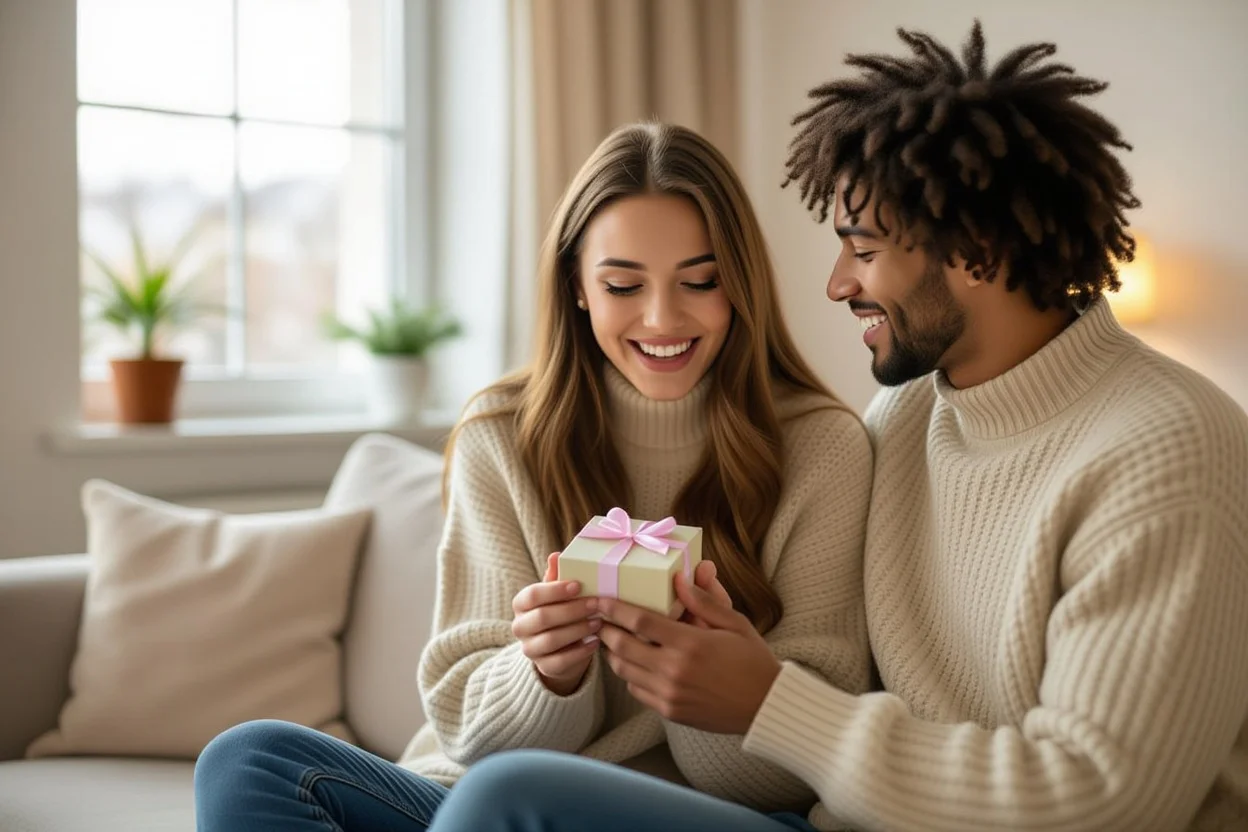 Couple sharing spontaneous surprise gift moment in cozy living room setting