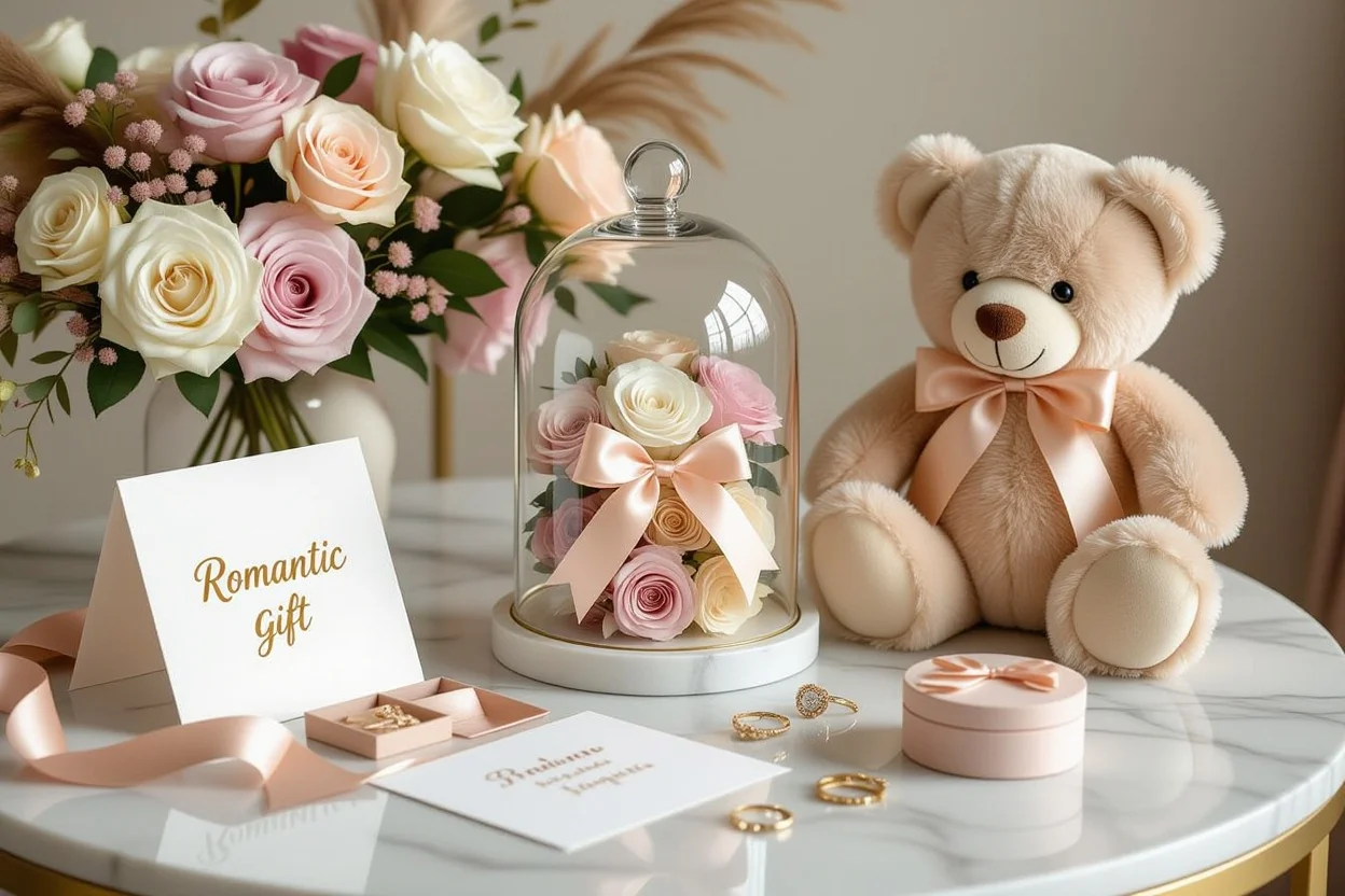 Elegant flat lay of romantic gifts including teddy bear and preserved flowers