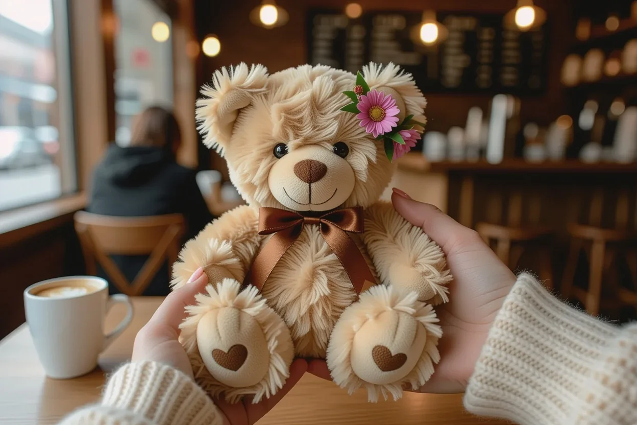 Hands holding teddy bear with preserved flowers in romantic café setting