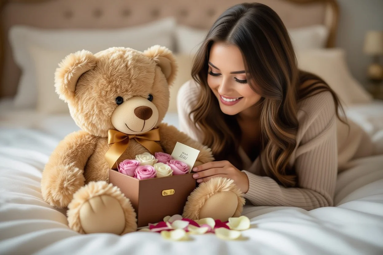Woman discovering hidden romantic surprises inside Mountova Pro Teddy Bear gift with preserved roses