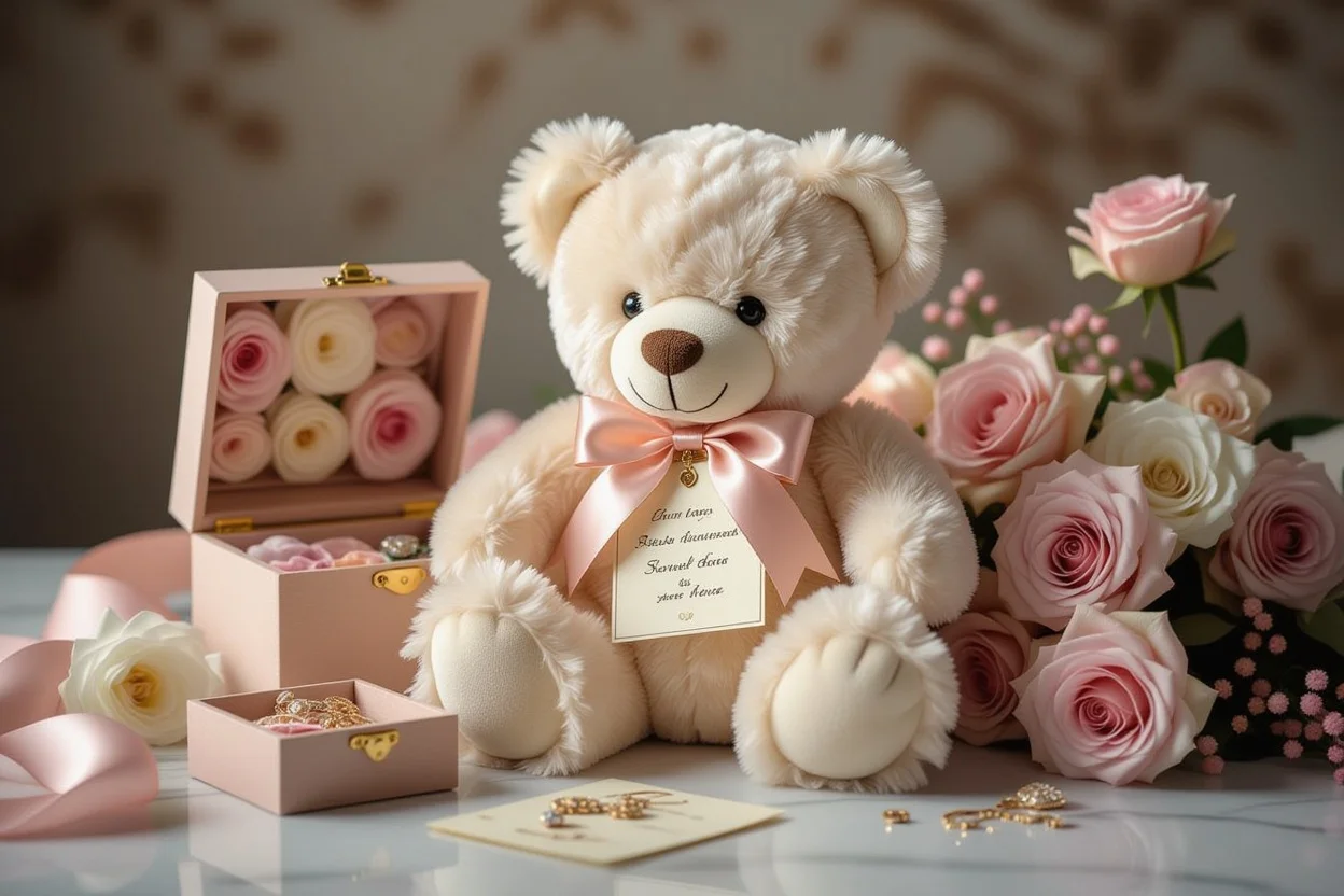 Luxury teddy bear gift with hidden compartments showing preserved flowers and romantic surprises