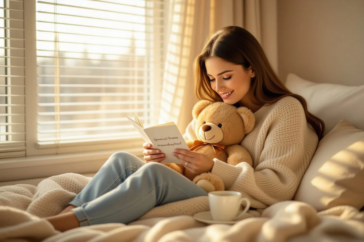 Woman enjoying everyday moment with surprise teddy bear gift, reading hidden romantic note