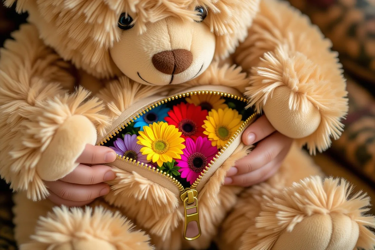 Close-up of hands revealing hidden preserved flowers inside teddy bear gift compartment