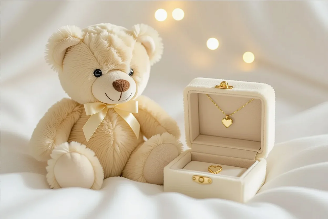 Teddy bear with hidden necklace compartment opened showing romantic jewelry gift surprise