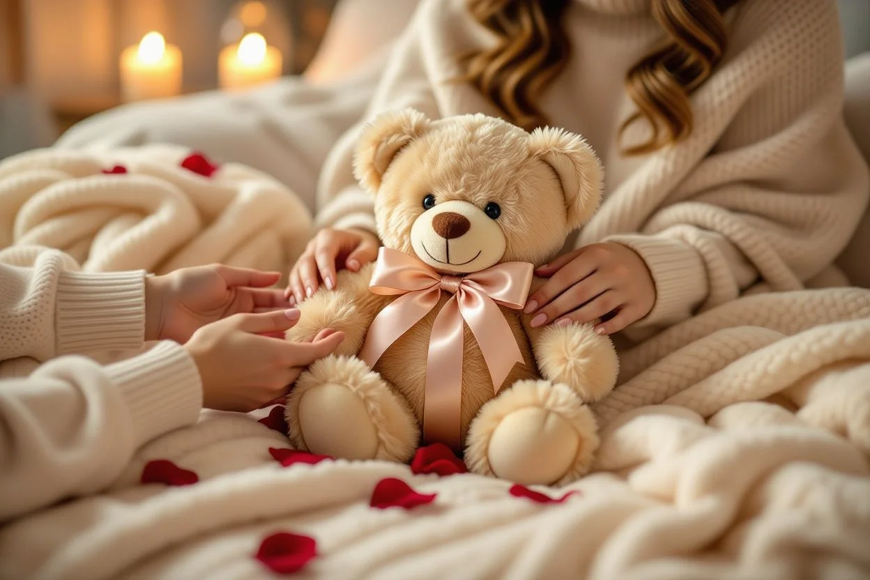 Romantic gift presentation scene with teddy bear surprise gift for her on special occasion
