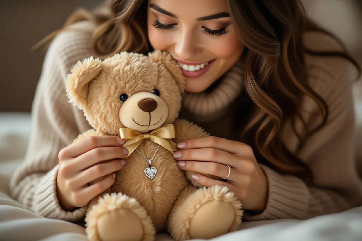 Woman discovering hidden necklace surprise inside teddy bear romantic gift moment