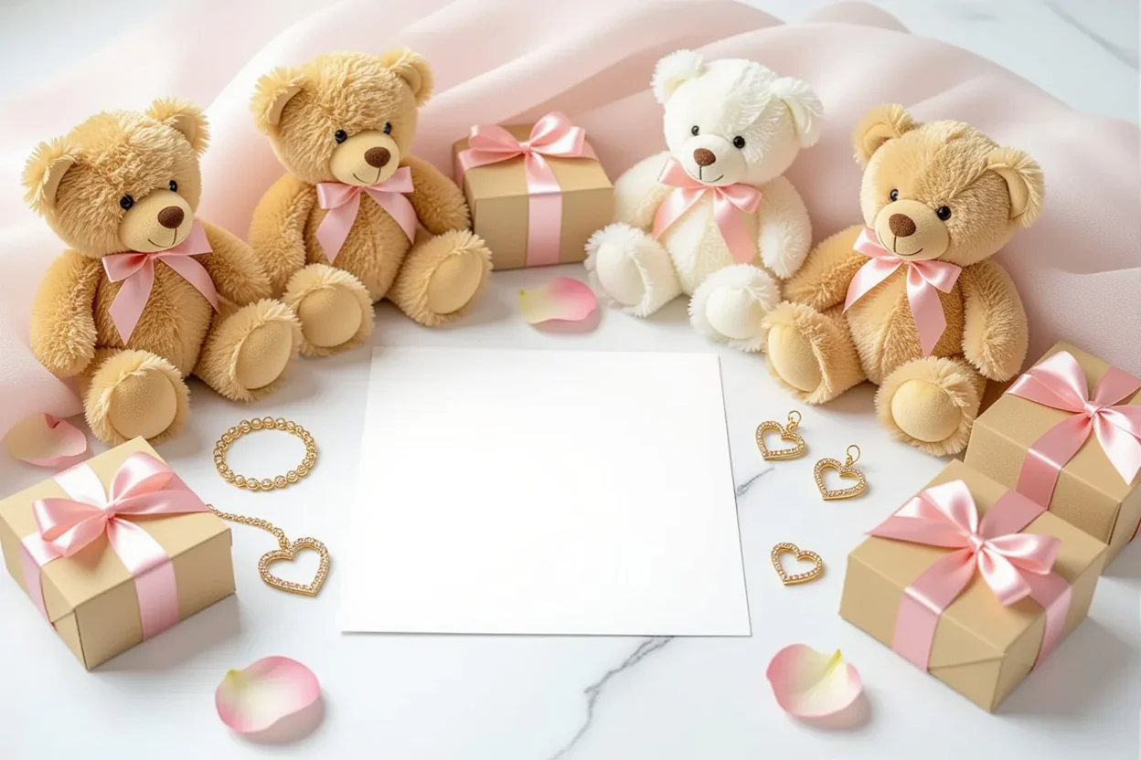 Romantic gifts for her flat lay featuring teddy bears jewelry and thoughtful presents gift guide
