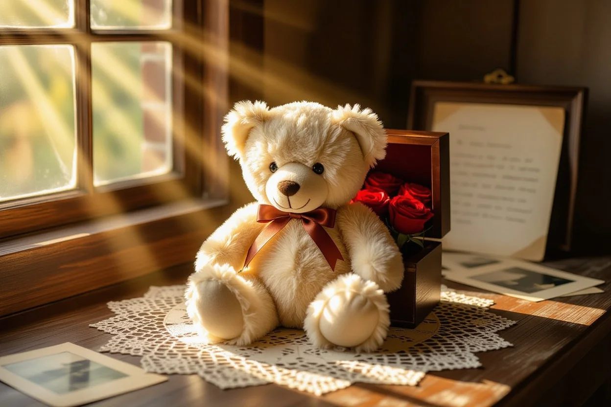 Teddy bear with hidden compartment containing preserved flowers - romantic surprise gift idea