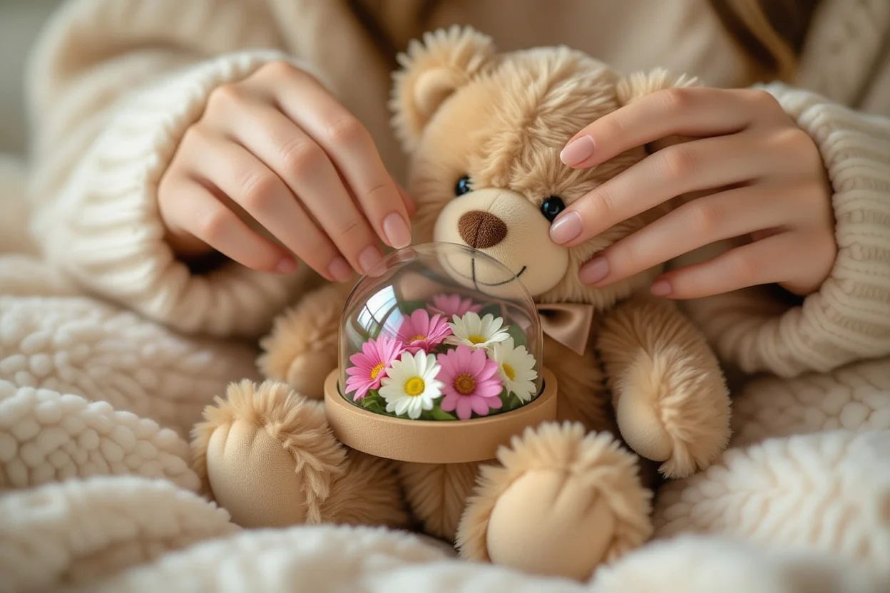 Hands placing preserved flowers into teddy bear surprise compartment - meaningful gift preparation