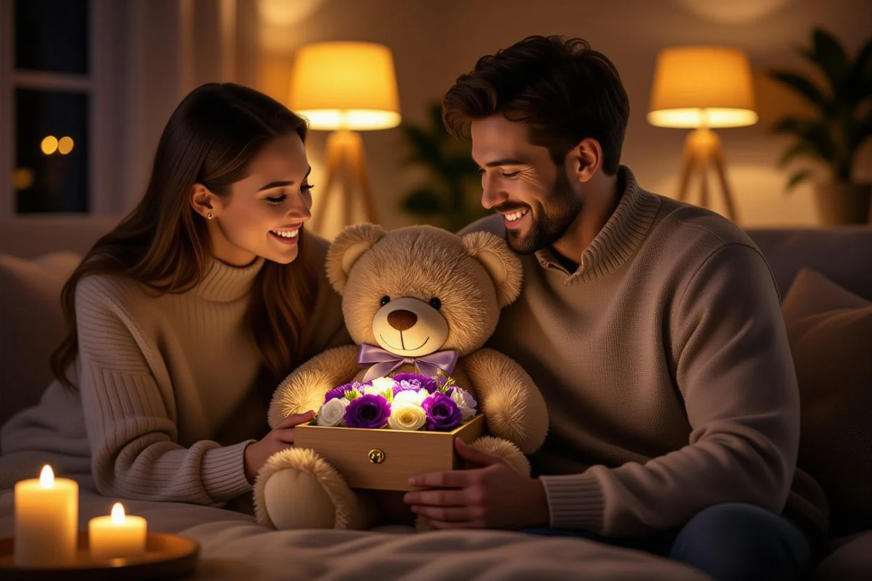 Couple sharing romantic moment with teddy bear surprise gift containing preserved flowers for anniversary