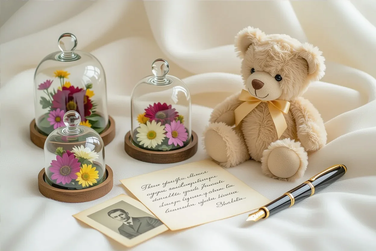Flat lay of preserved flowers and teddy bear gift components - sentimental romantic gift arrangement
