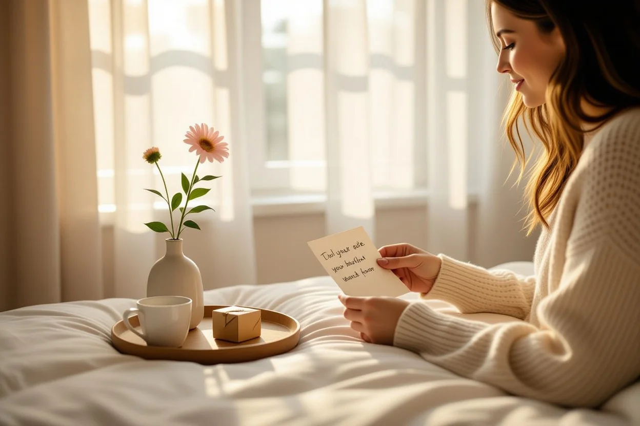 Thoughtful morning surprise with handwritten note and simple romantic gift showing everyday appreciation
