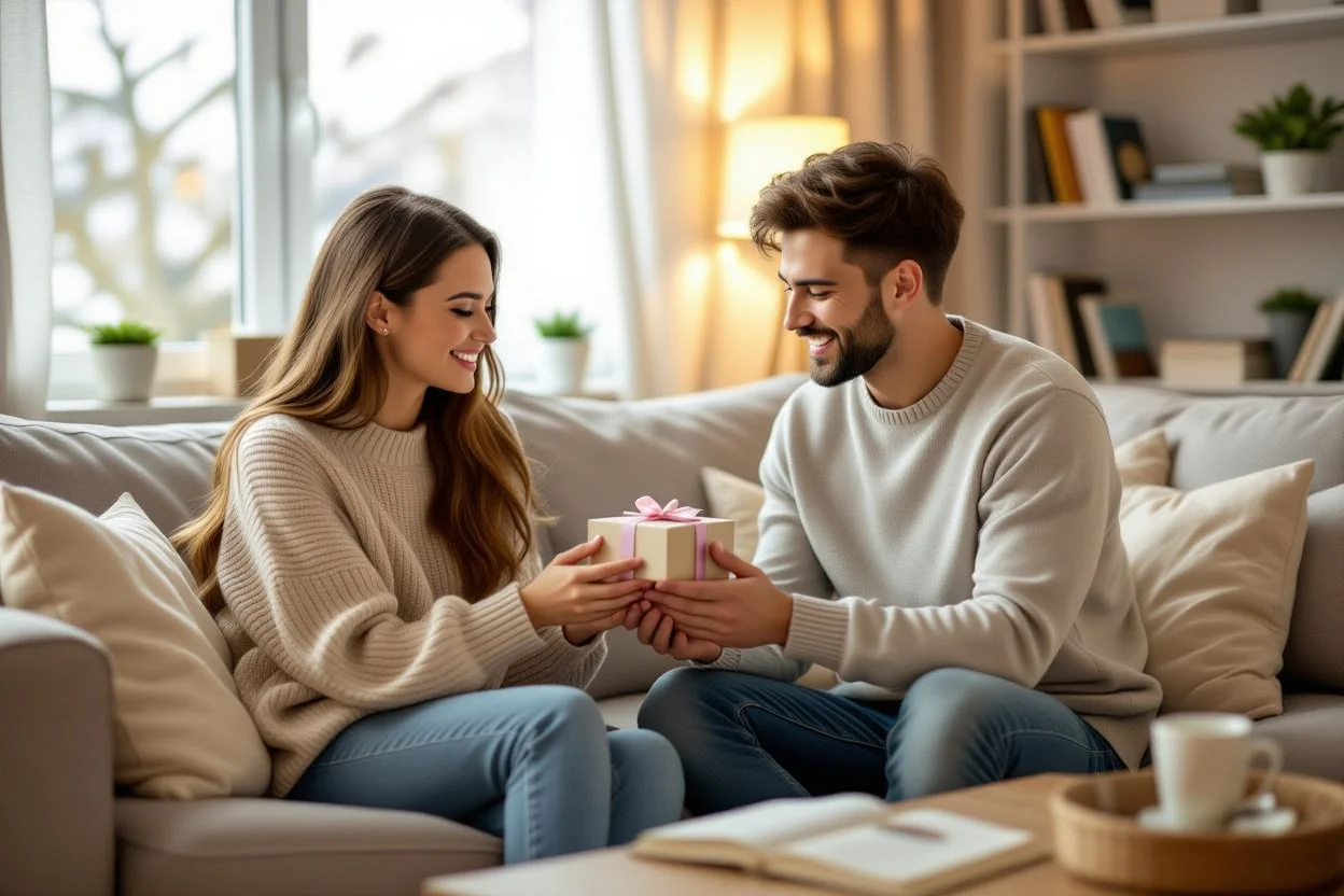 Couple sharing intimate gift-giving moment in cozy home setting showing everyday romantic appreciation