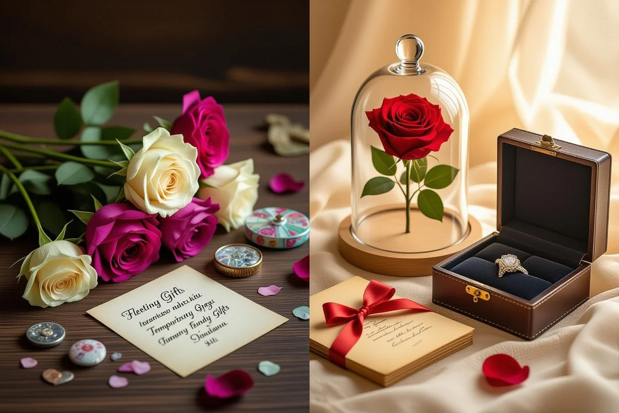 Comparison between temporary and lasting meaningful gifts showing wilted flowers versus preserved roses and timeless keepsakes