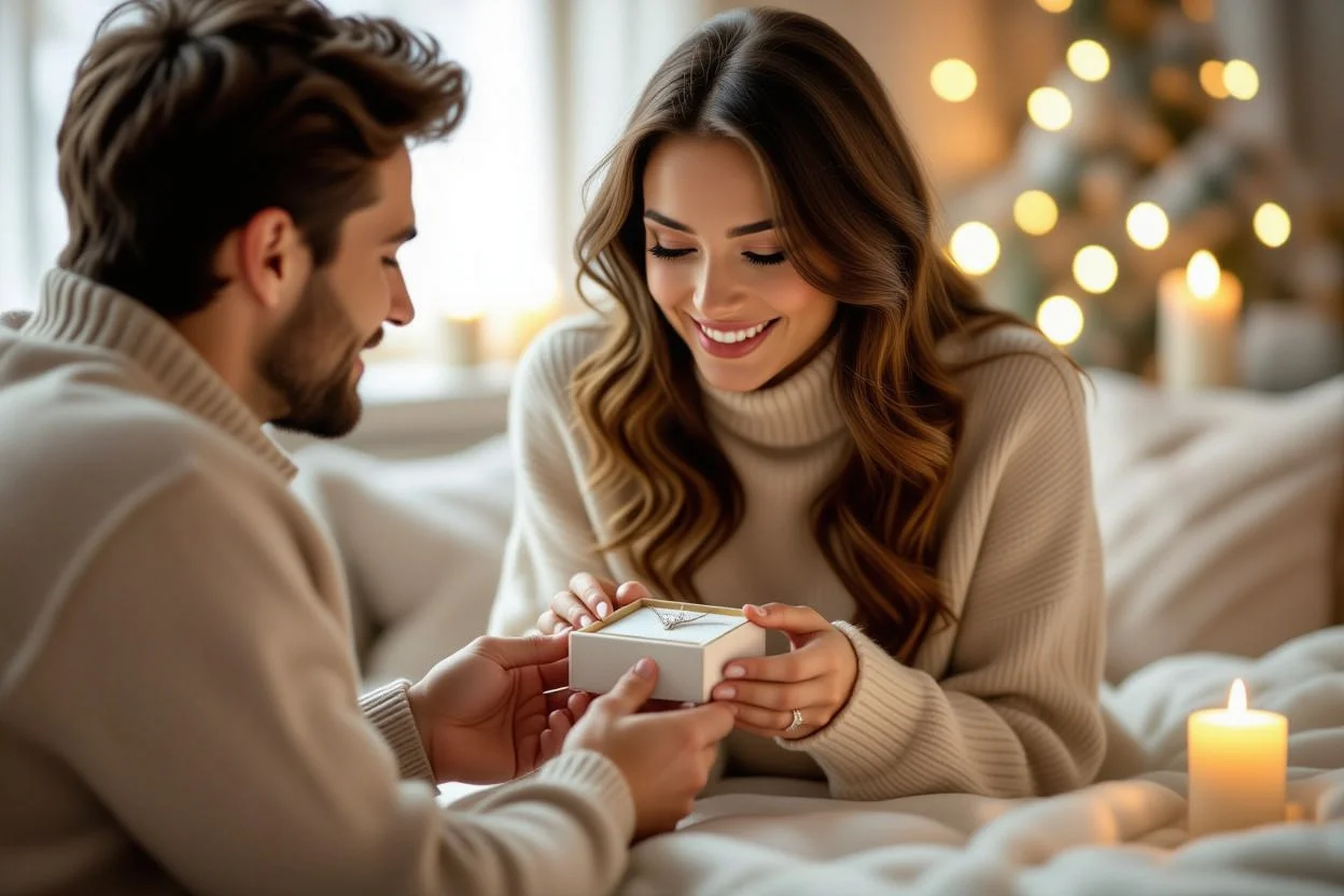 Romantic couple sharing an intimate gift-giving moment with meaningful jewelry in candlelit setting