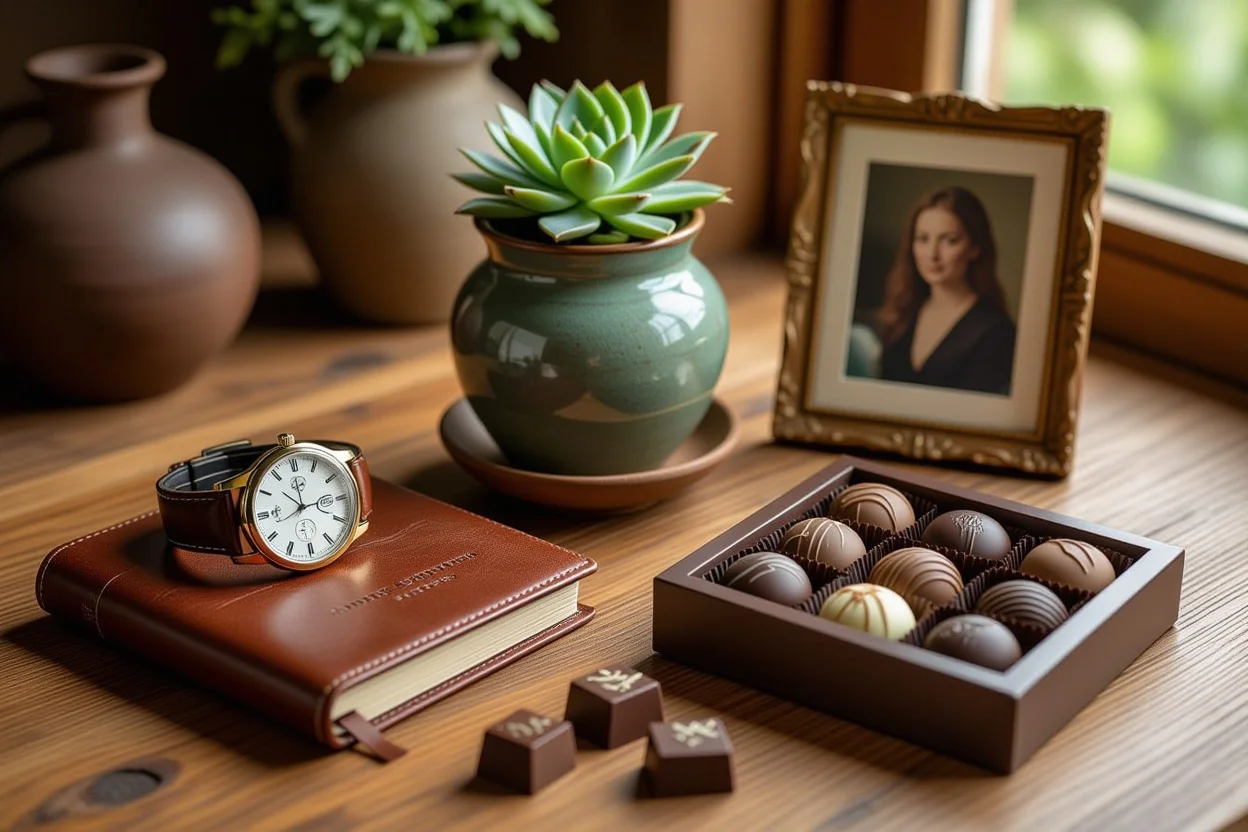 Collection of timeless and meaningful gifts including vintage watch, leather journal, and personalized keepsakes