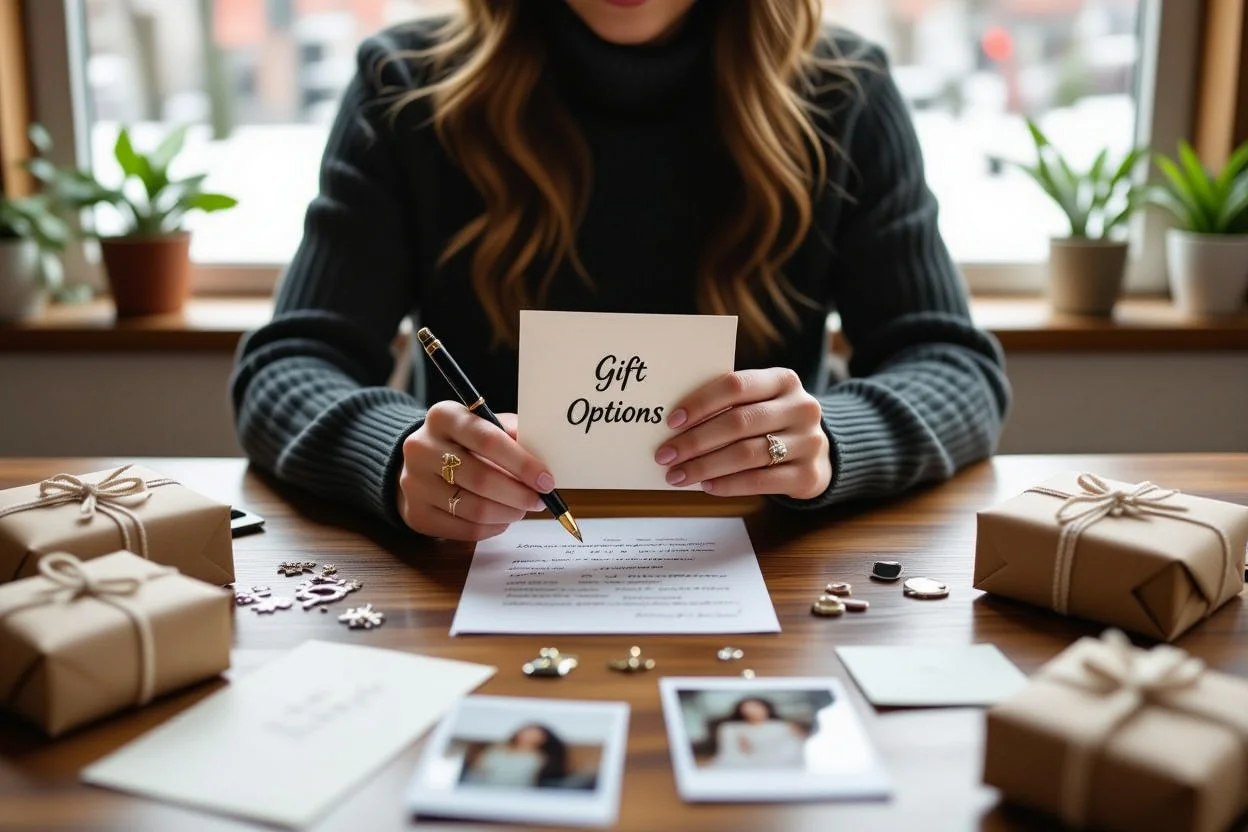 Person thoughtfully writing a heartfelt note while selecting meaningful gifts showing the care in gift selection process