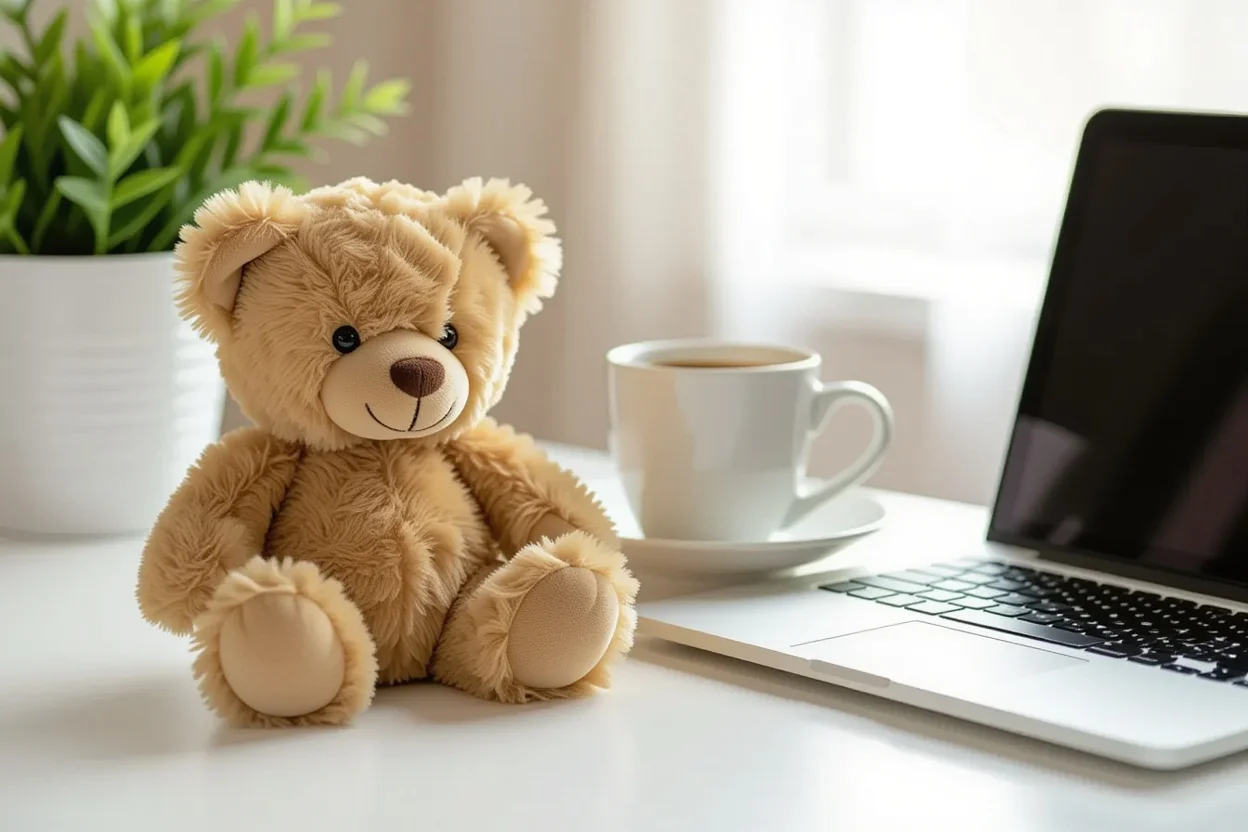 Cute brown teddy bear with hidden compartment sitting on desk as romantic surprise gift