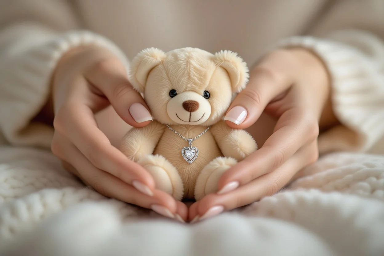 Woman discovering hidden necklace inside teddy bear surprise gift romantic moment