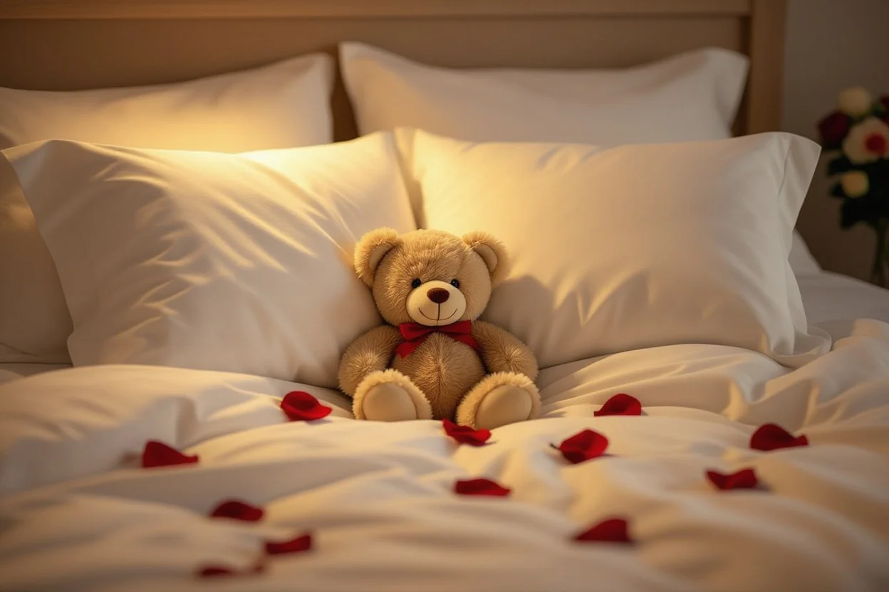 Teddy bear surprise gift placed on bed pillows romantic bedroom setting everyday surprise