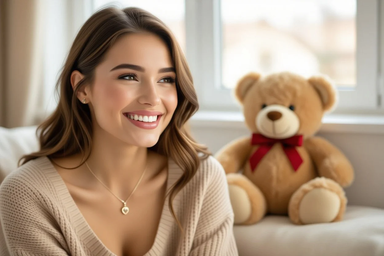 Happy woman wearing surprise necklace gift from teddy bear romantic everyday surprise moment