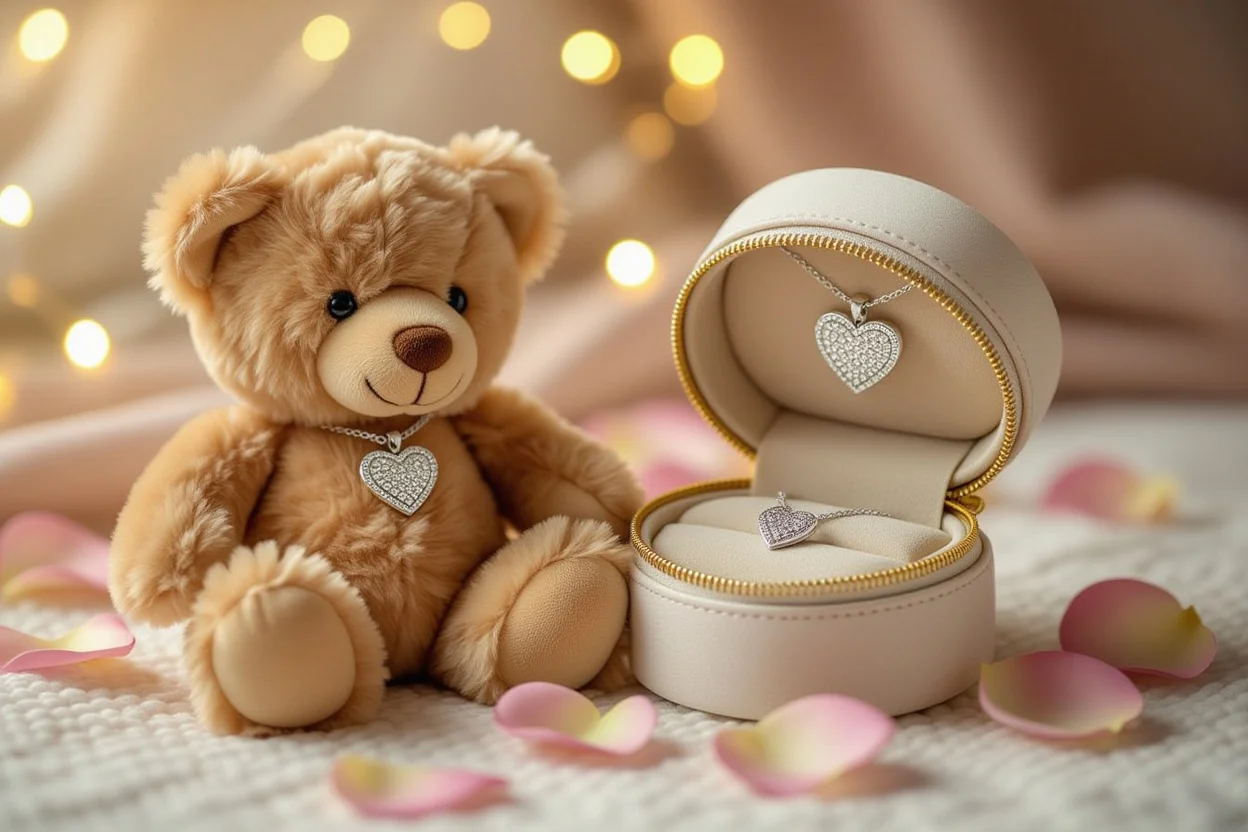 Teddy bear with hidden heart necklace romantic surprise gift for Valentine's Day