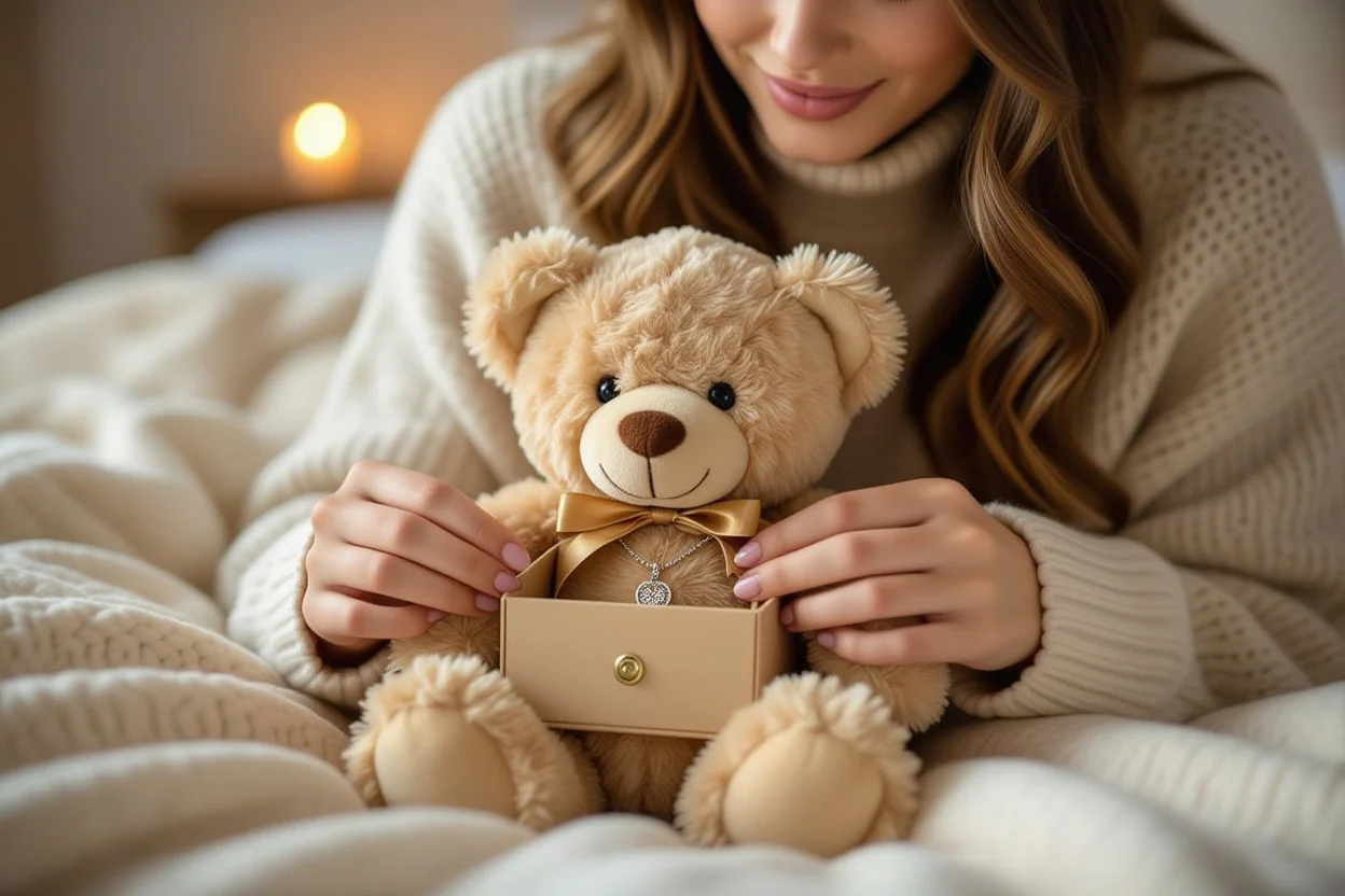 Woman discovering hidden necklace inside teddy bear romantic surprise gift moment