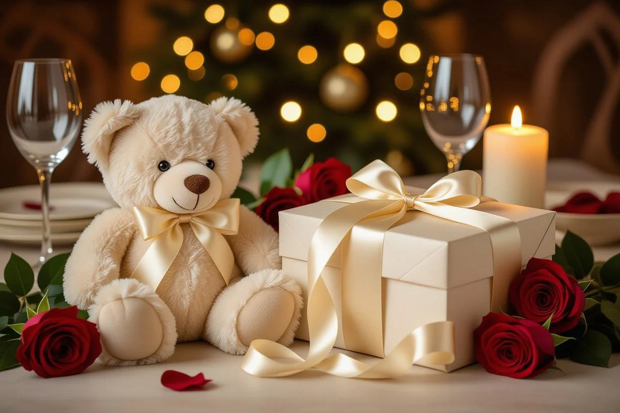Romantic teddy bear gift presentation with roses and candles for anniversary