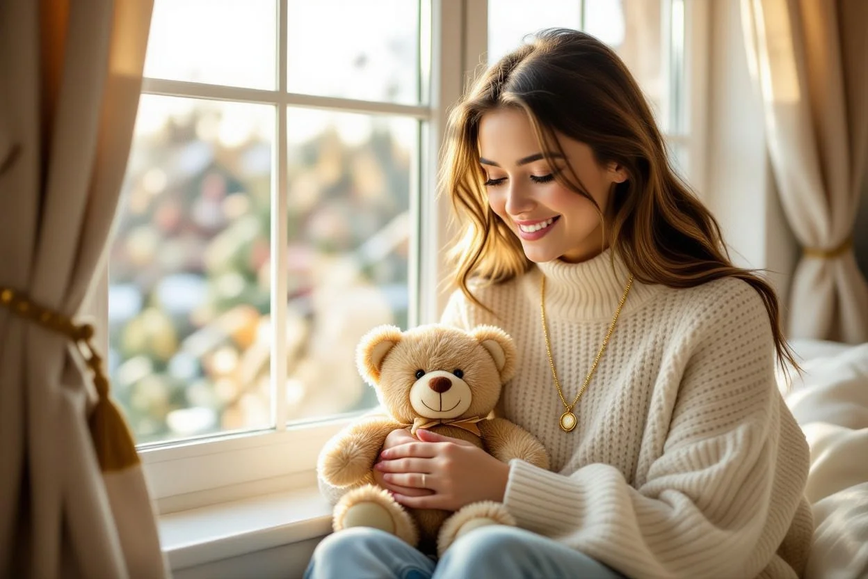 Happy woman wearing necklace from teddy bear surprise gift showing joy and love