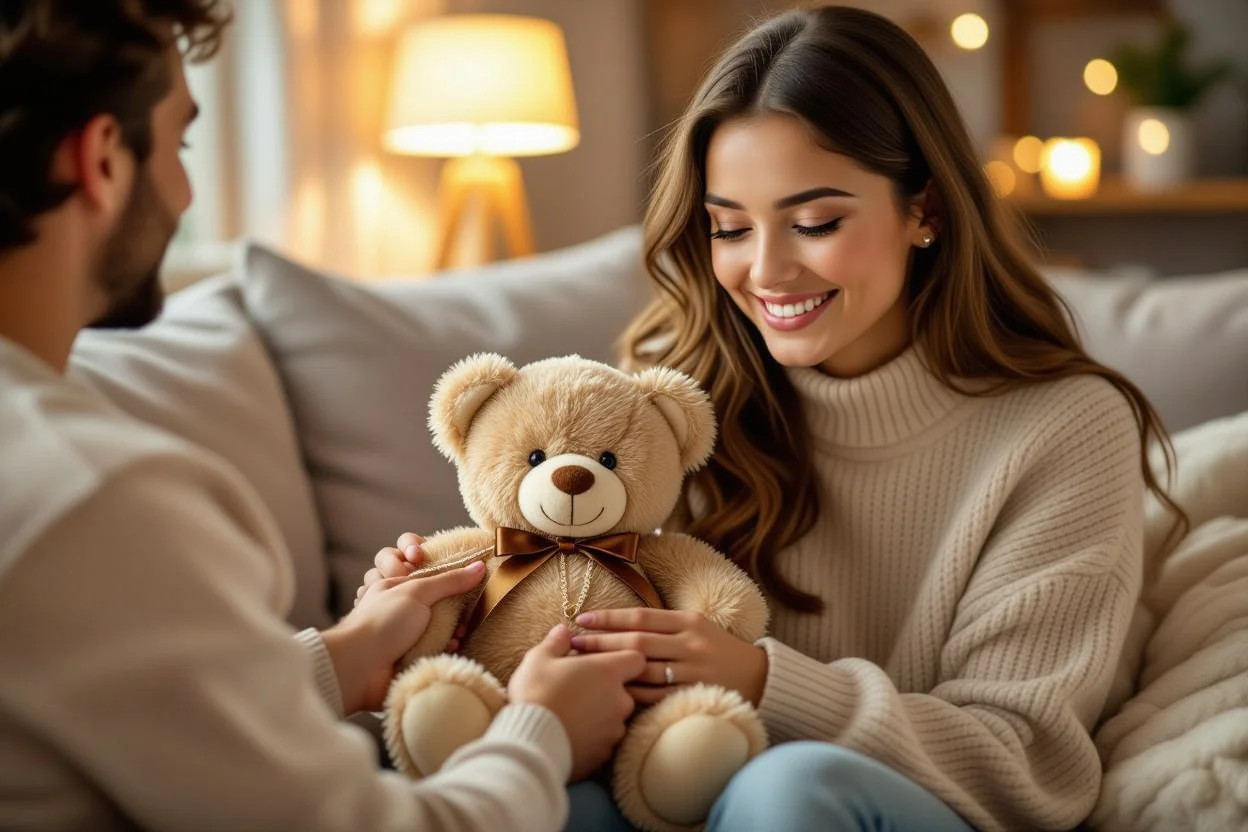 Woman receiving teddy bear jewelry holder gift showing genuine happiness and everyday love