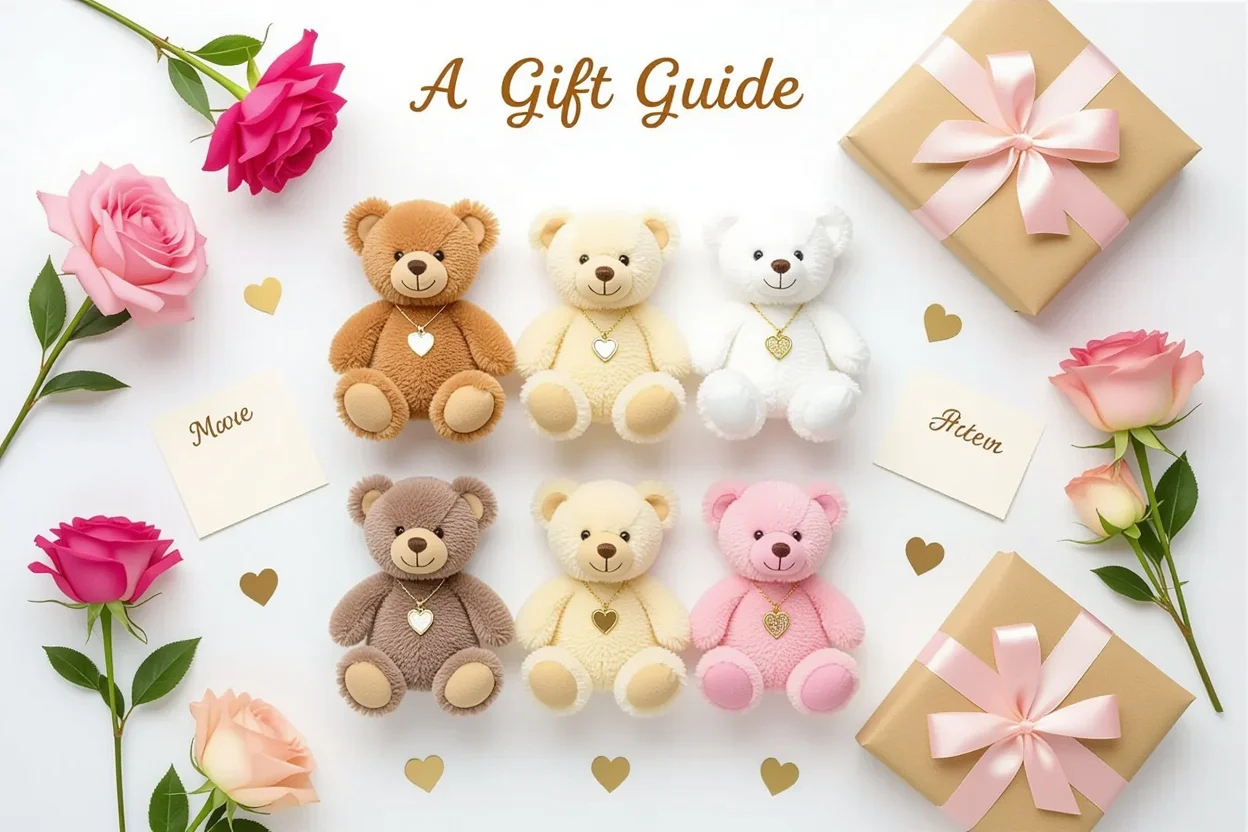 Multiple teddy bear necklace holders gift guide arrangement with flowers and notes