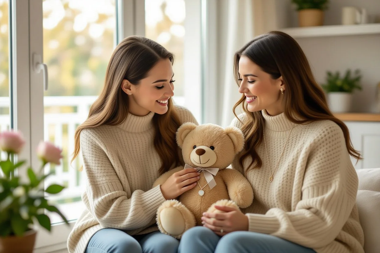 Mother and daughter sharing moment with teddy bear necklace holder gift showing family love