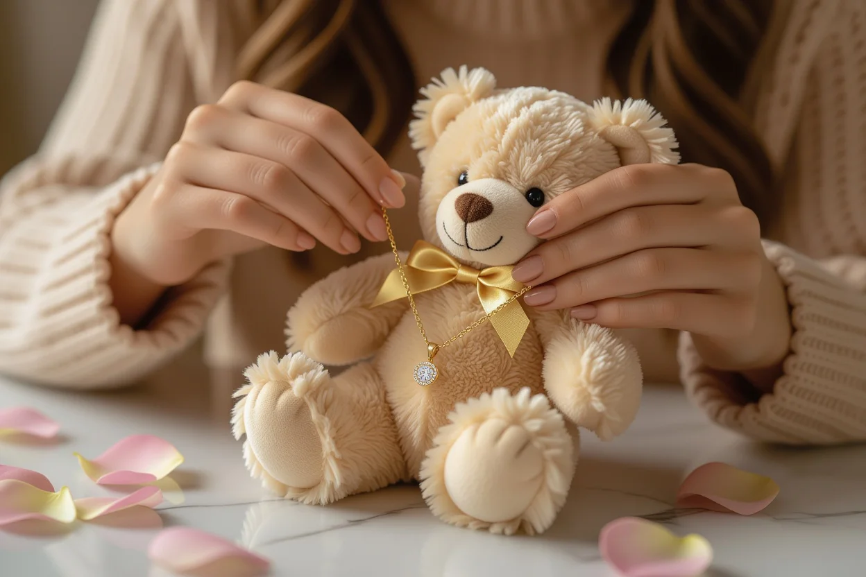 Woman discovering hidden gold necklace surprise gift in teddy bear romantic moment