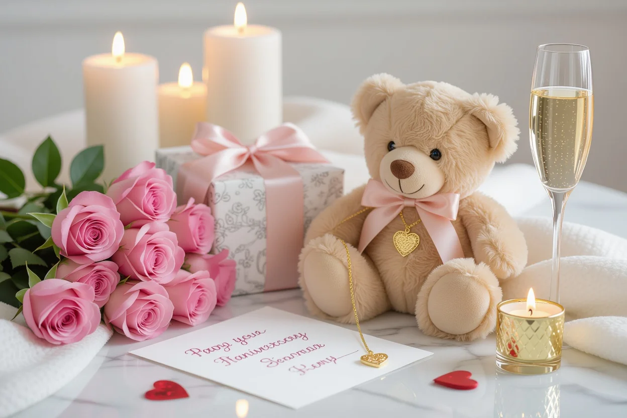 Romantic gift flat lay with teddy bear gold necklace for Valentine's Day anniversary gifts