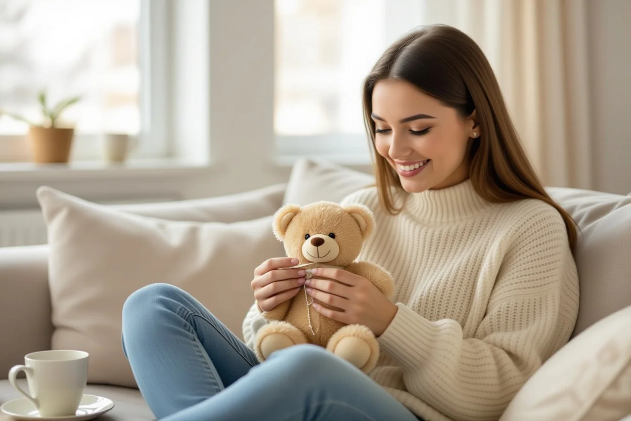 Woman discovering hidden necklace surprise in teddy bear gift on ordinary day