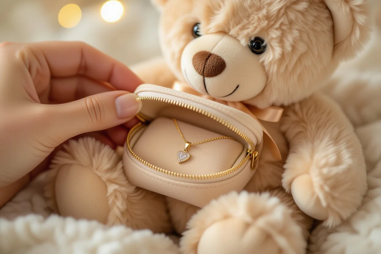 Hands revealing hidden necklace inside teddy bear surprise gift compartment