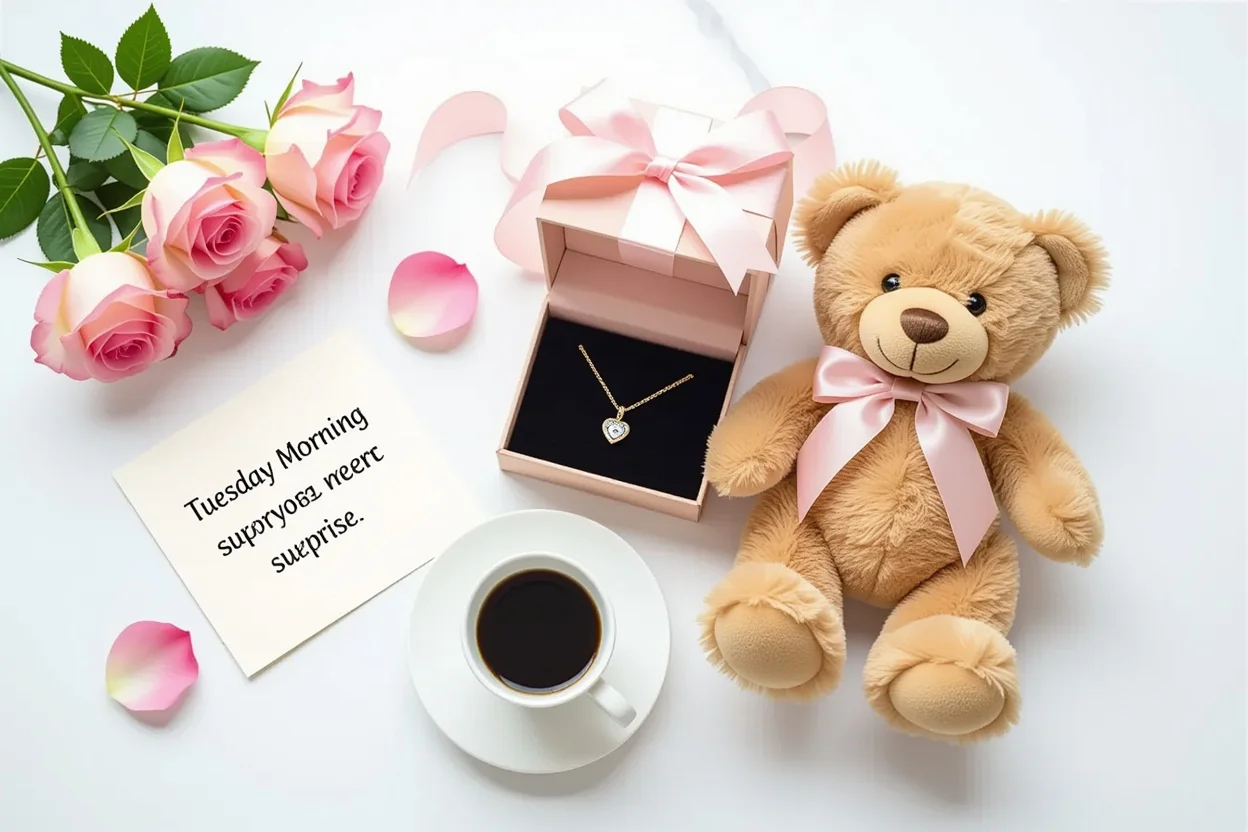 Romantic flat lay of teddy bear with hidden necklace surprise gift and flowers