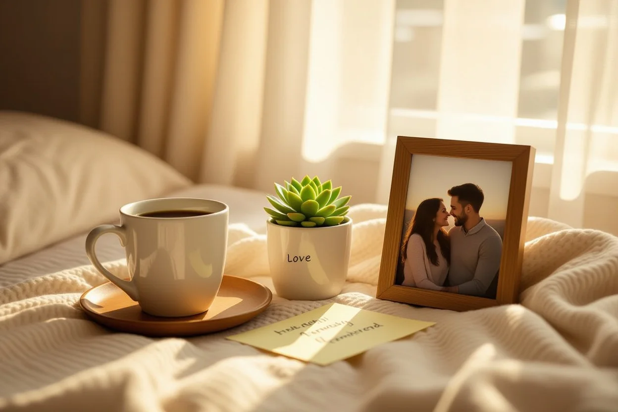 Cozy morning bedside table with daily love reminders and coffee mug