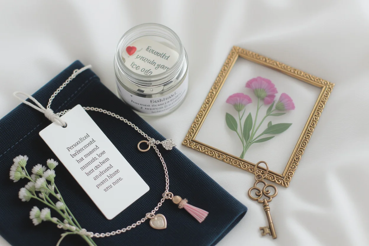 Flat lay of meaningful everyday romantic gifts and keepsakes