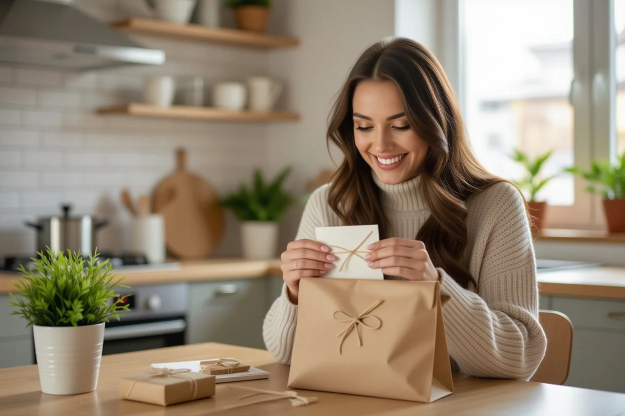 Woman discovering sweet daily surprise gift in her bag
