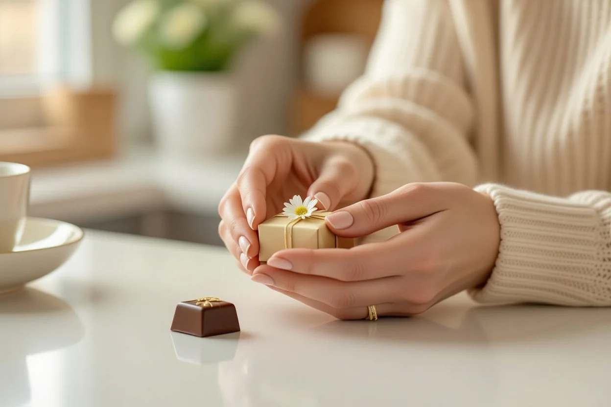 Hands placing small thoughtful daily gift on kitchen counter