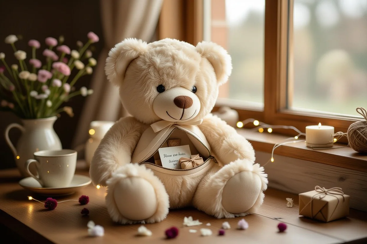 Meaningful teddy bear gift with hidden surprise compartment containing handwritten note and small present