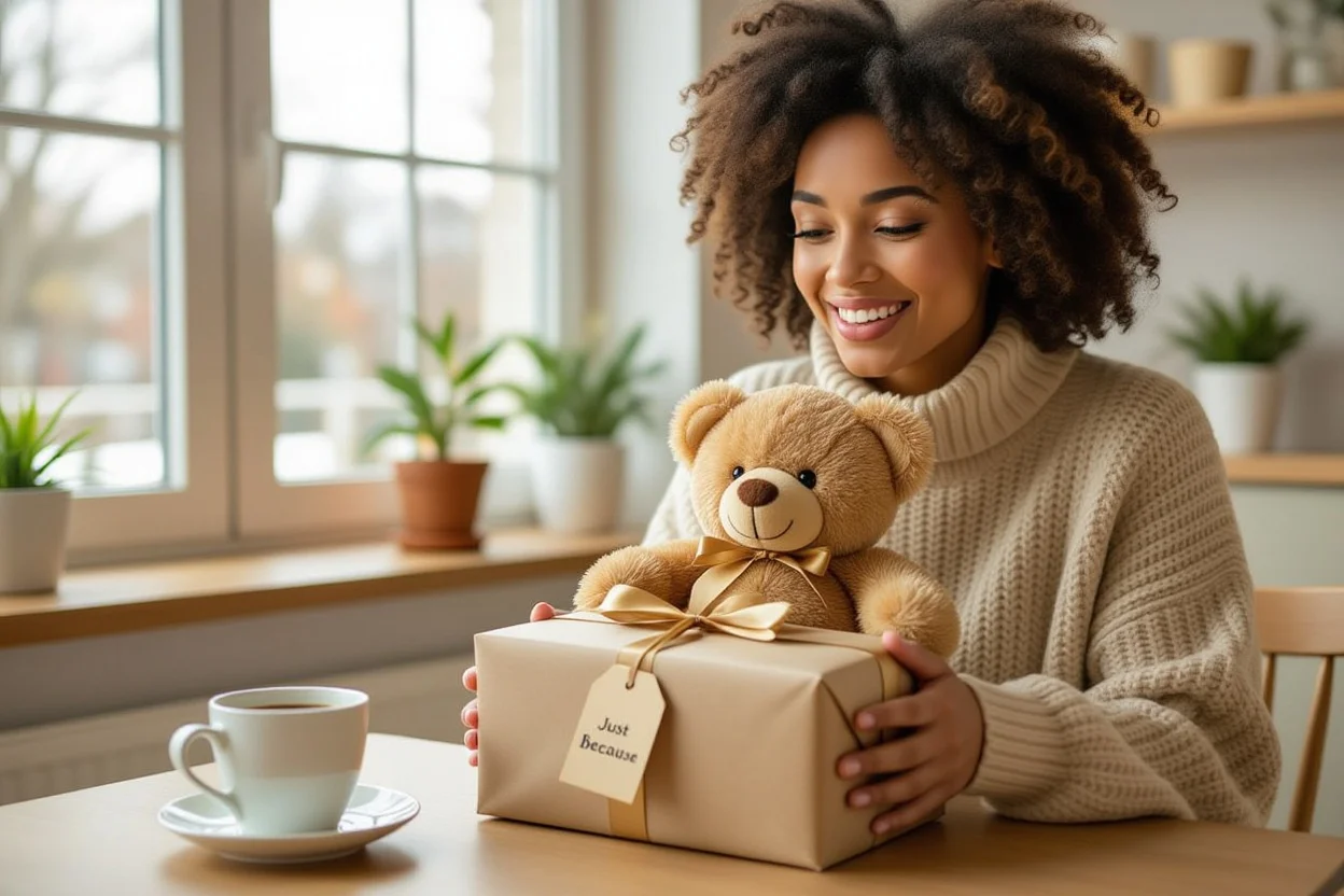 Surprised person receiving unexpected teddy bear gift as spontaneous just because present at home