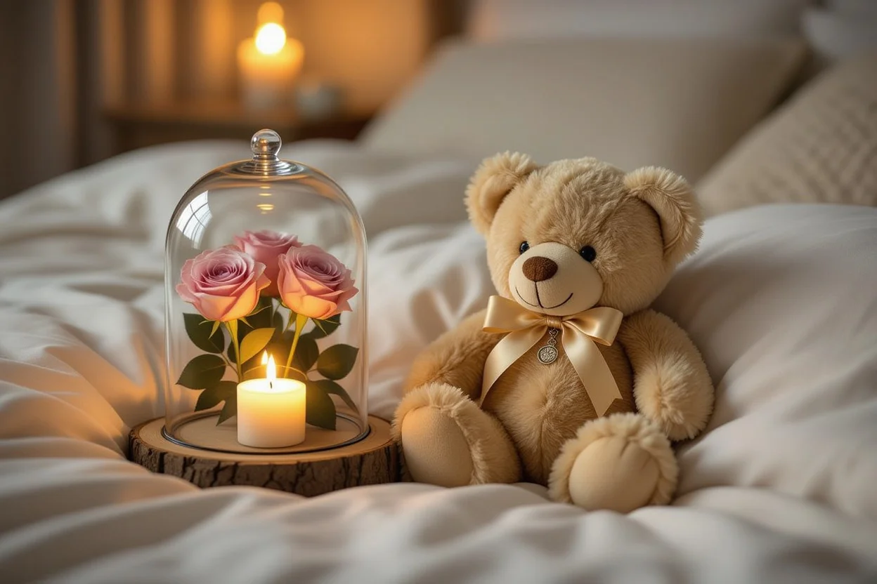 Meaningful teddy bear gift displayed with preserved roses in romantic bedroom setting for relationship gifts