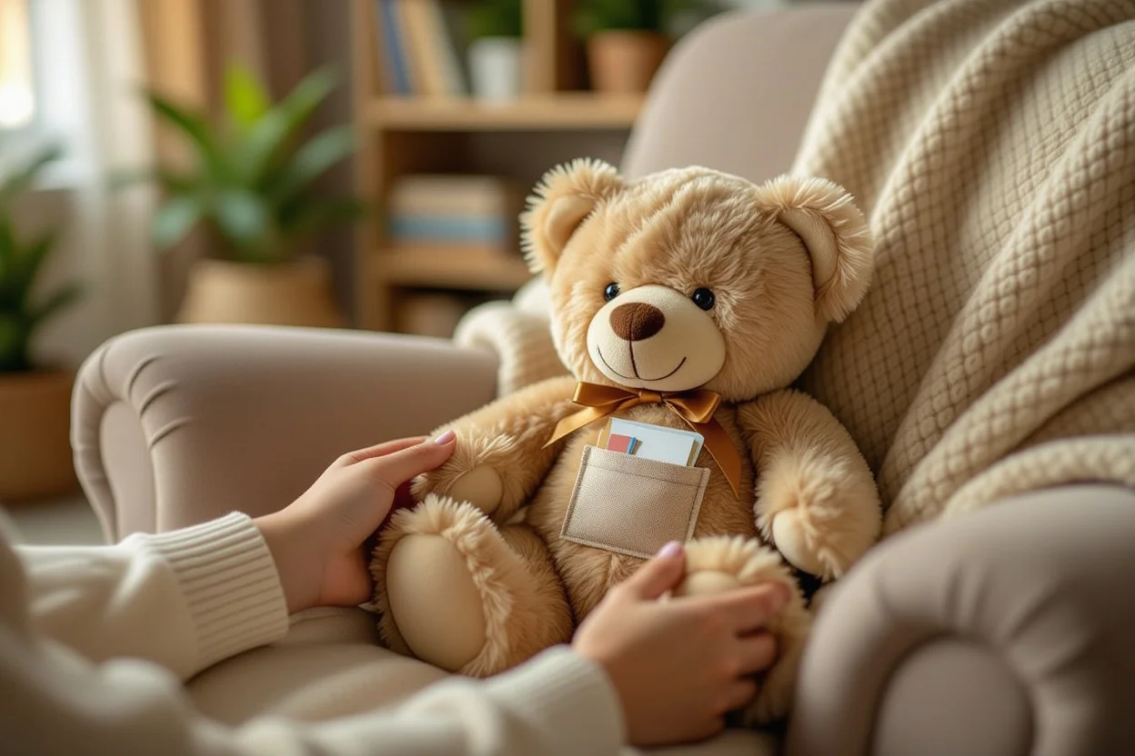 Hands holding teddy bear with hidden pocket containing photos and messages as thoughtful surprise gift