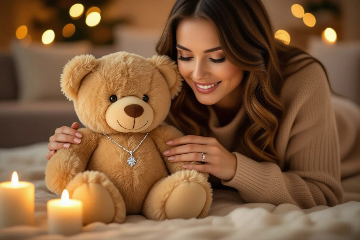 Woman discovering hidden necklace inside surprise teddy bear romantic gift moment