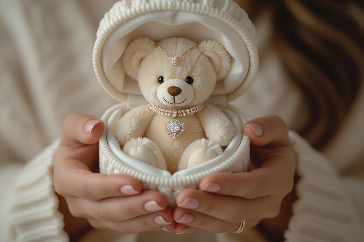 Close up hands revealing hidden diamond necklace inside teddy bear surprise gift