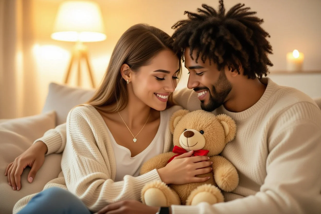 Happy couple romantic moment with surprise teddy bear necklace gift perfect relationship goals