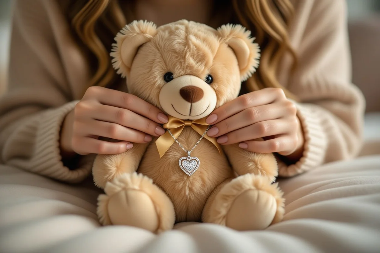 Woman discovering hidden necklace surprise inside teddy bear romantic gift moment