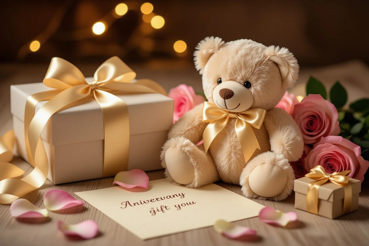 Romantic teddy bear gift setup with ribbons rose petals perfect romantic surprise gift for her